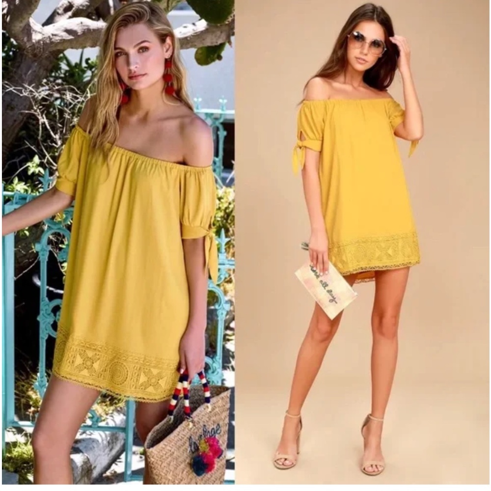 Lulus Moment In The Sun Mustard Yellow Off The Shoulder Crochet Dress Size Small